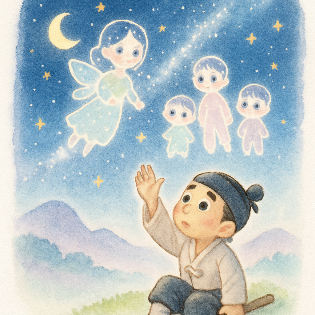 밤하늘의 별을 바라보며 가족을 그리워하는 나무꾼